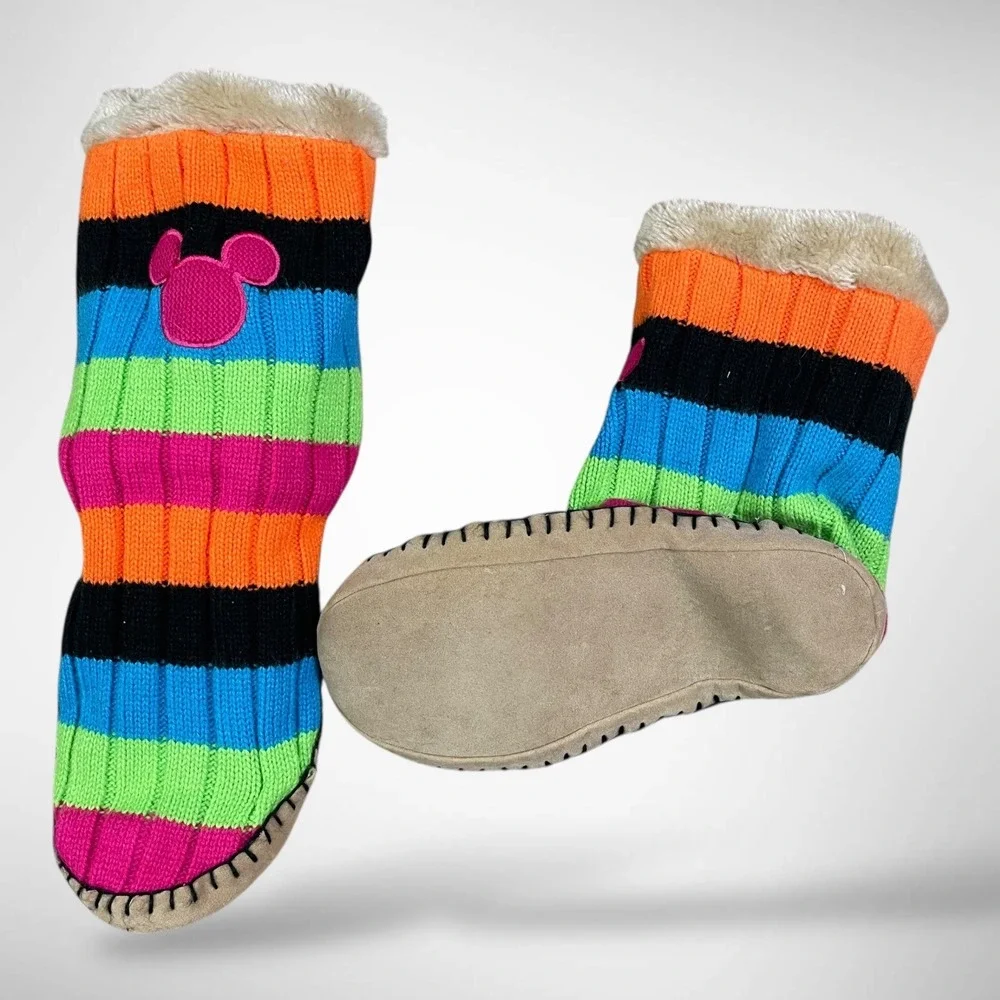 Disney Mickey Mouse Slipper Boots Kids‎ Large XL Striped Knit Faux Fur Lined
